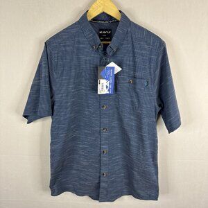 KAVU Welland Short Sleeve Button Up Shirt Men’s M Blue Stripe Stretch NWT